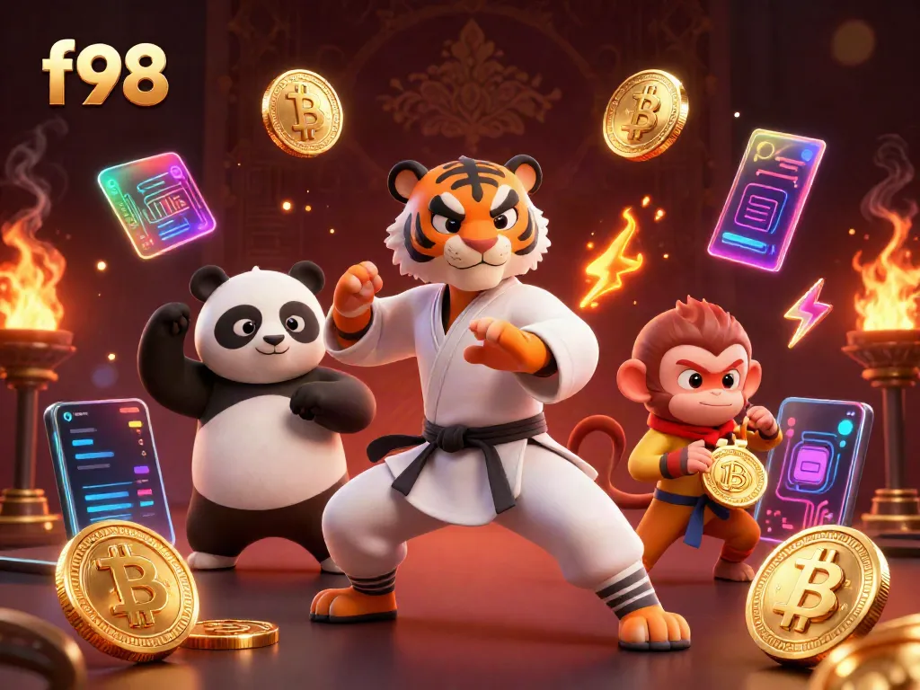 Experience the thrill of f98 with kung fu characters in a vibrant casino setting, surrounded by cryptocurrency.