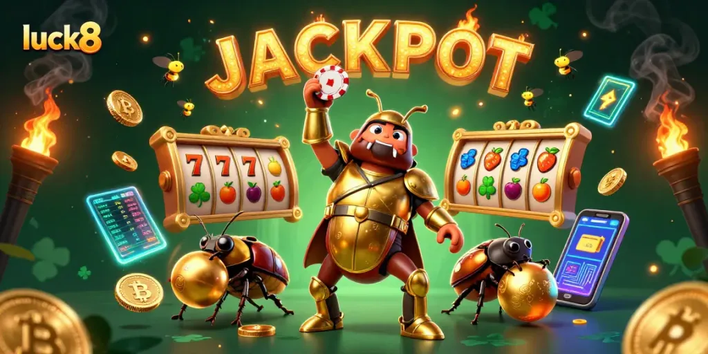luck8 casino scene with a victorious beetle, poker chip and jackpot celebration emphasizing online gaming thrills
