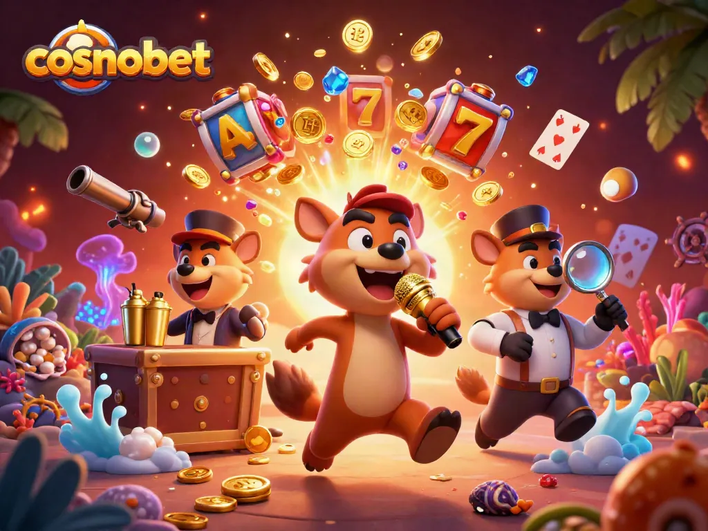 Engage with cosmobet's vibrant 3D casino scene featuring hyenas in action, including a comedian and bartender.