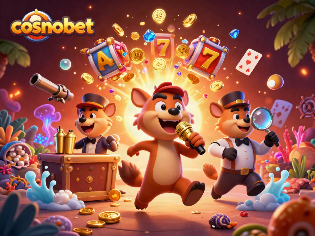 Engage with cosmobet's vibrant 3D casino scene featuring hyenas in action, including a comedian and bartender.
