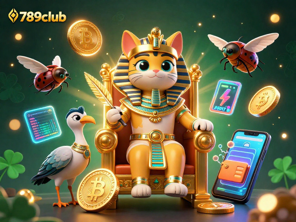 Experience thrilling gameplay at 789club as a 3D cartoon pharaoh cat presides over a vibrant casino scene.