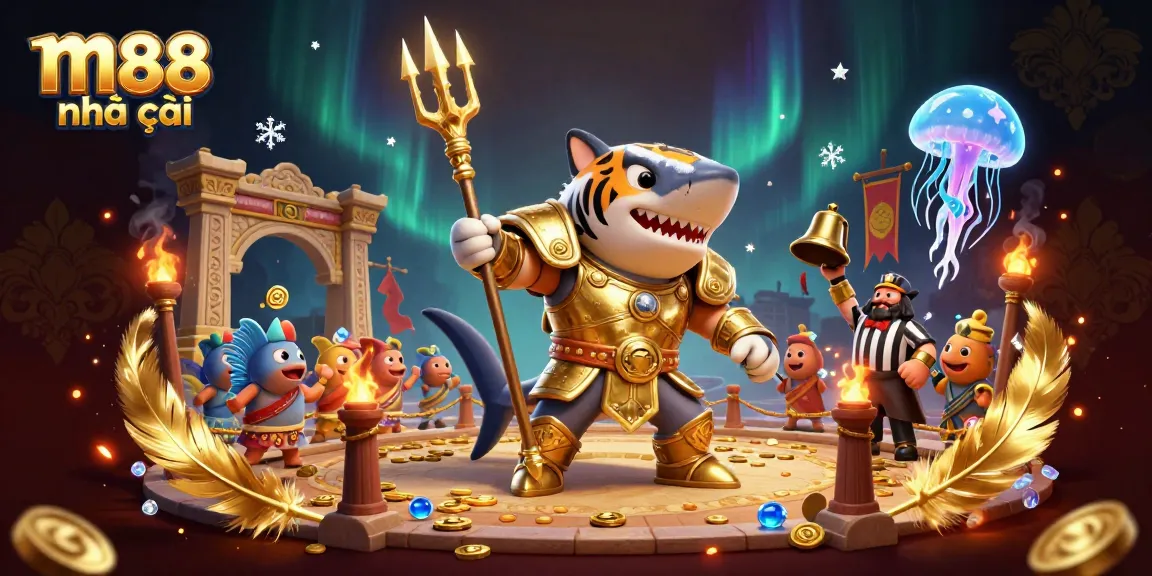 Experience thrilling gaming with m88 nhà cái—underwater action featuring a golden shark gladiator.