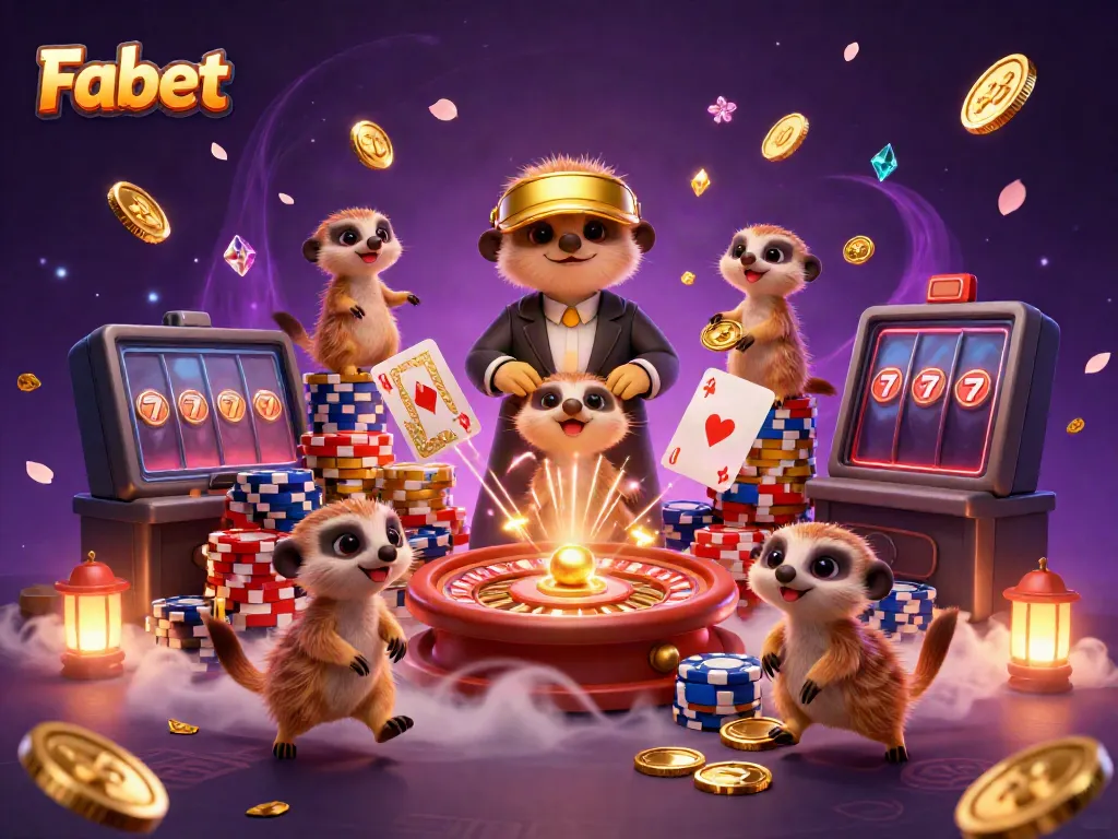 Experience Fabet's vibrant gaming world with meerkats running a lively casino operation.
