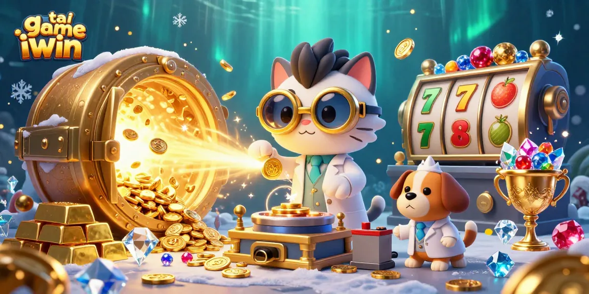 Engage with tai game iwin in this vibrant scene of a mad scientist cat and assistant dog amid sparkling casino treasures.