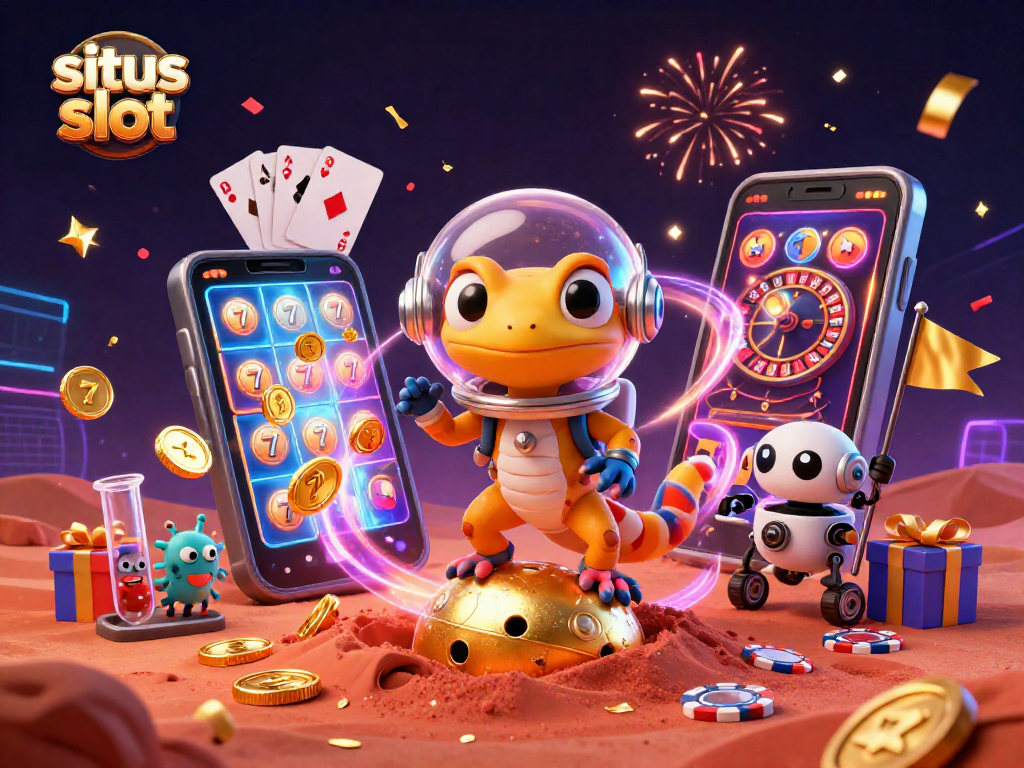 Situs slot with a Martian gecko uncovering a golden casino and colorful slot game elements in space-themed illustration.