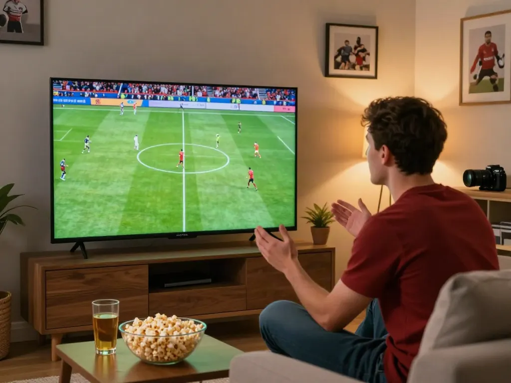 Socolive streaming soccer match in a cozy living room with a young man enjoying the game.