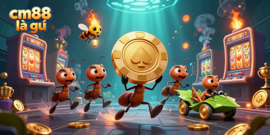 Engage with cm88 là gì as ants pull a massive golden poker chip in a dynamic casino heist scene.