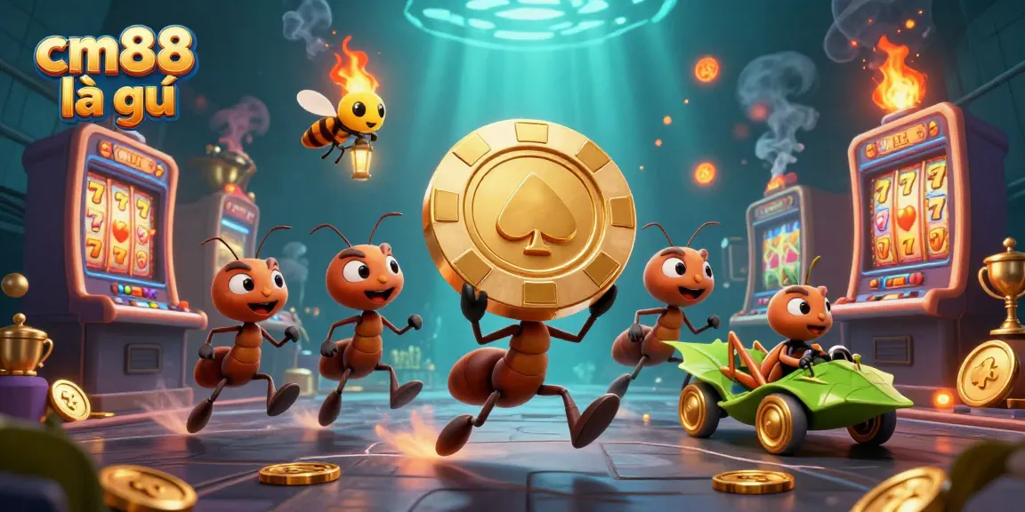 Engage with cm88 là gì as ants pull a massive golden poker chip in a dynamic casino heist scene.