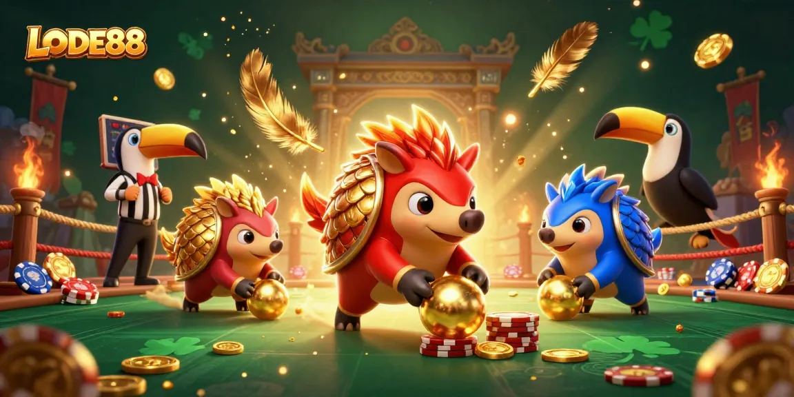 Experience the excitement of LODE88 as pangolins battle in a casino-themed arena.