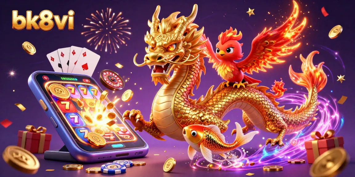Experience thrilling gaming with bk8vi's vibrant 3D casino illustration featuring a golden dragon and vibrant action elements.