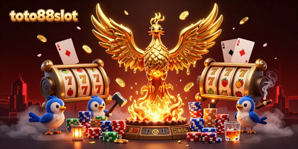 Experience thrilling games at toto88slot with a golden phoenix emerging from a molten forge surrounded by vibrant casino elements.