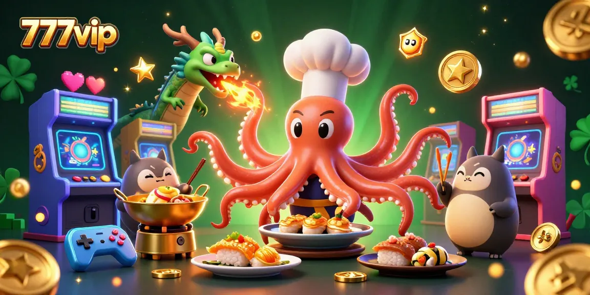 Engage with the excitement of 777vip as a sushi chef octopus prepares golden dishes amidst vibrant casino elements.